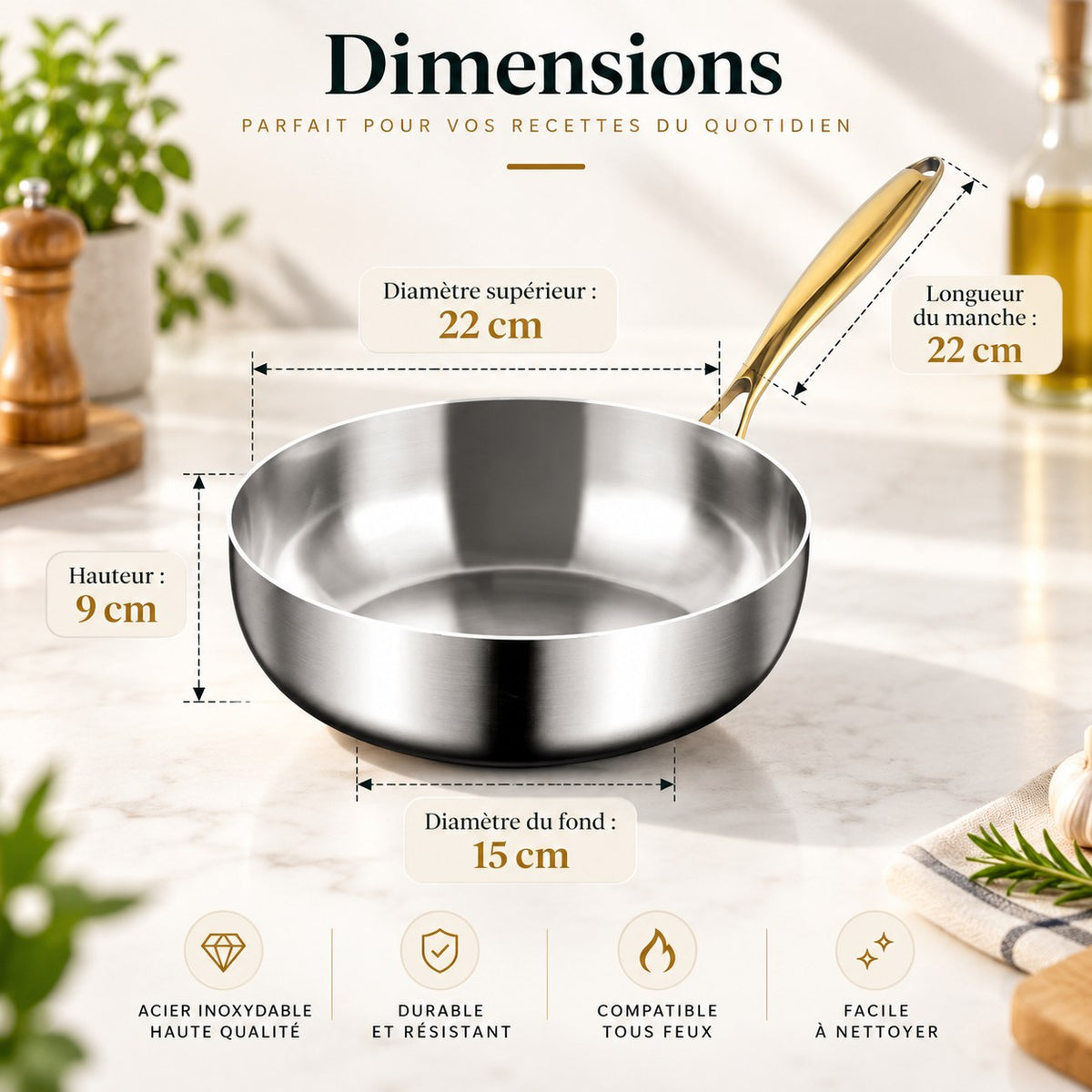 Poêle wok inox 316 profonde – 22 cm