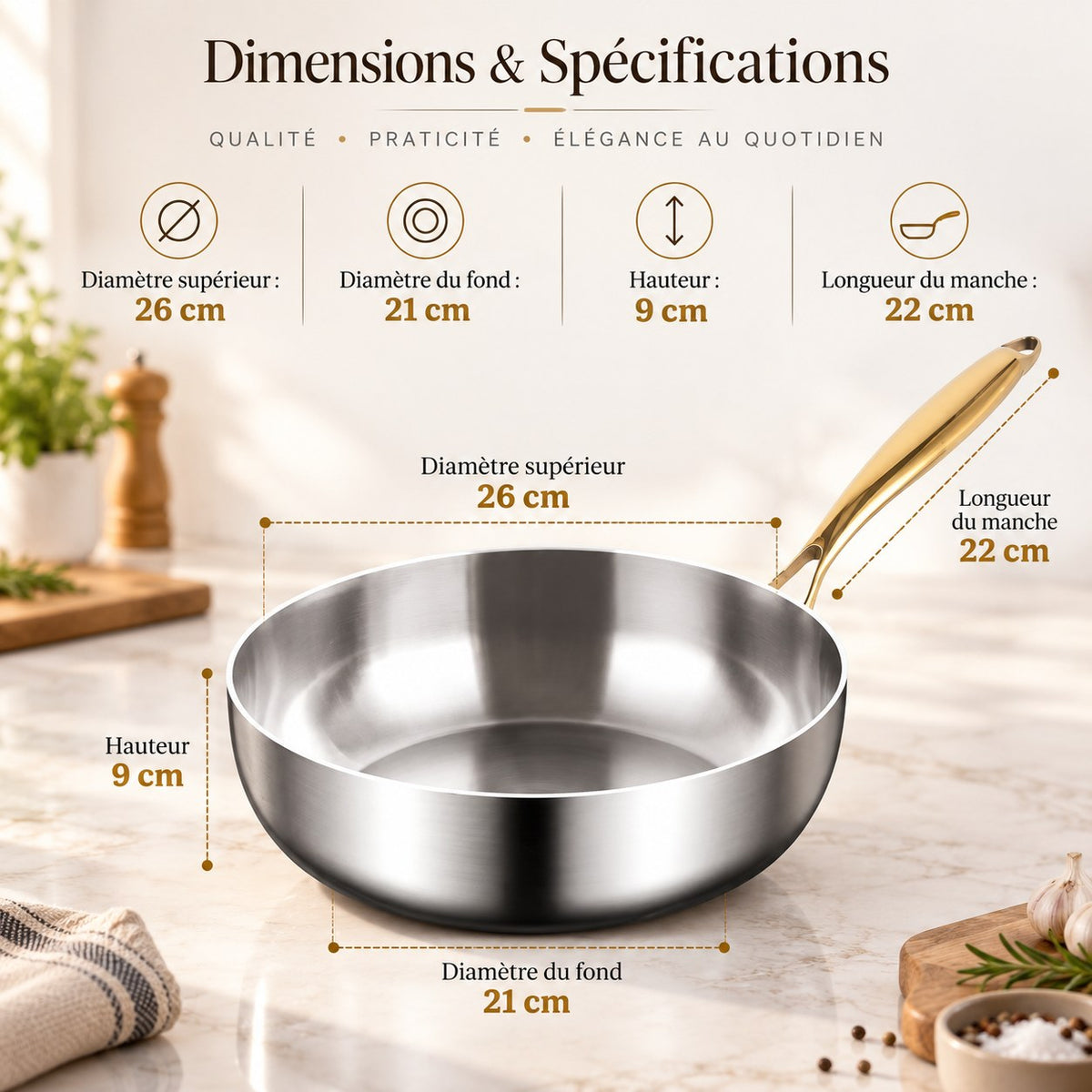 Poêle wok inox 316 profonde – 26 cm