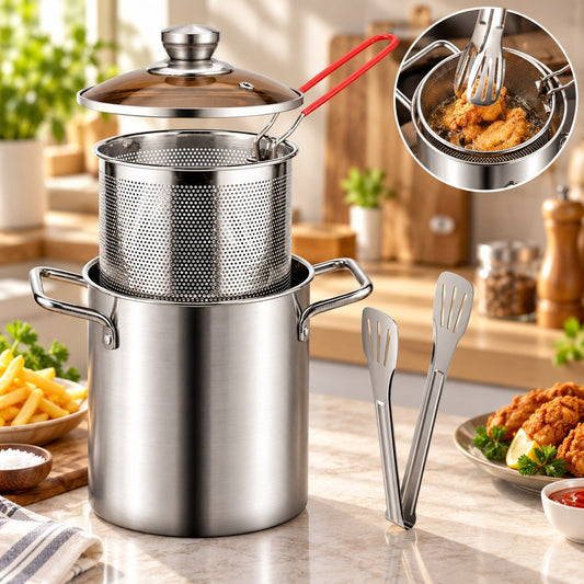 Friteuse inox 304 3 L avec panier et couvercle en verre