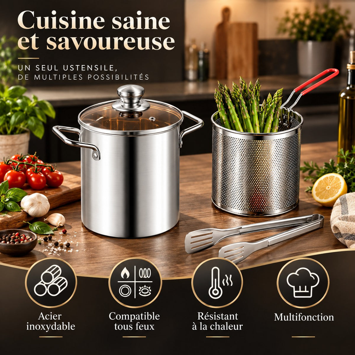 Friteuse inox 304 3 L avec panier et couvercle en verre – vue 3