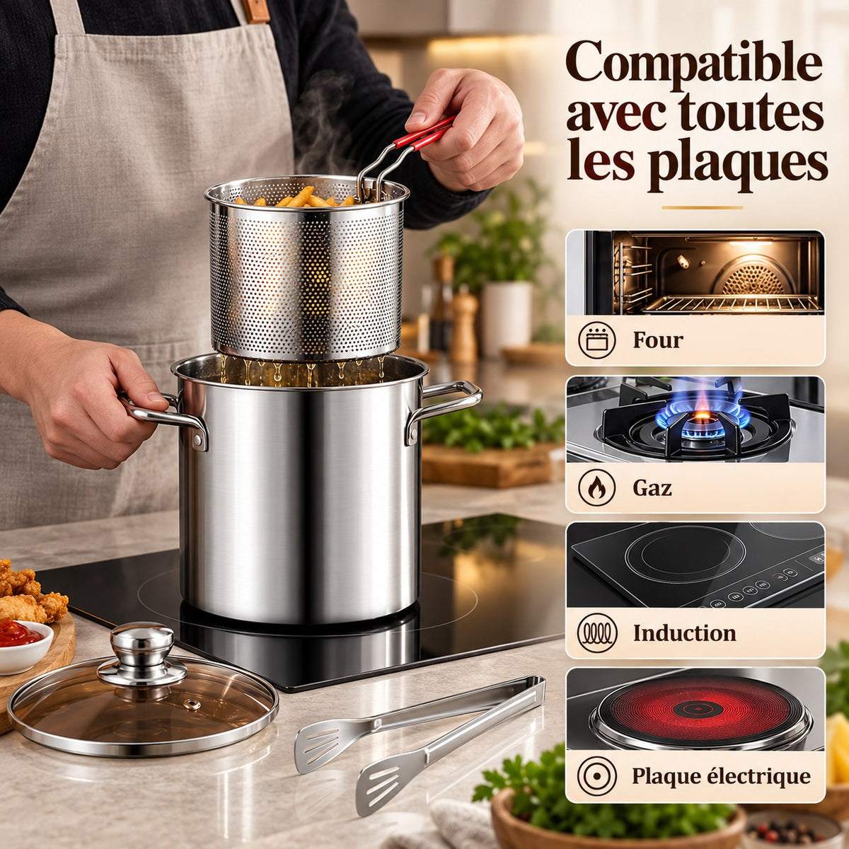 Friteuse inox 304 3 L avec panier et couvercle en verre – vue 4