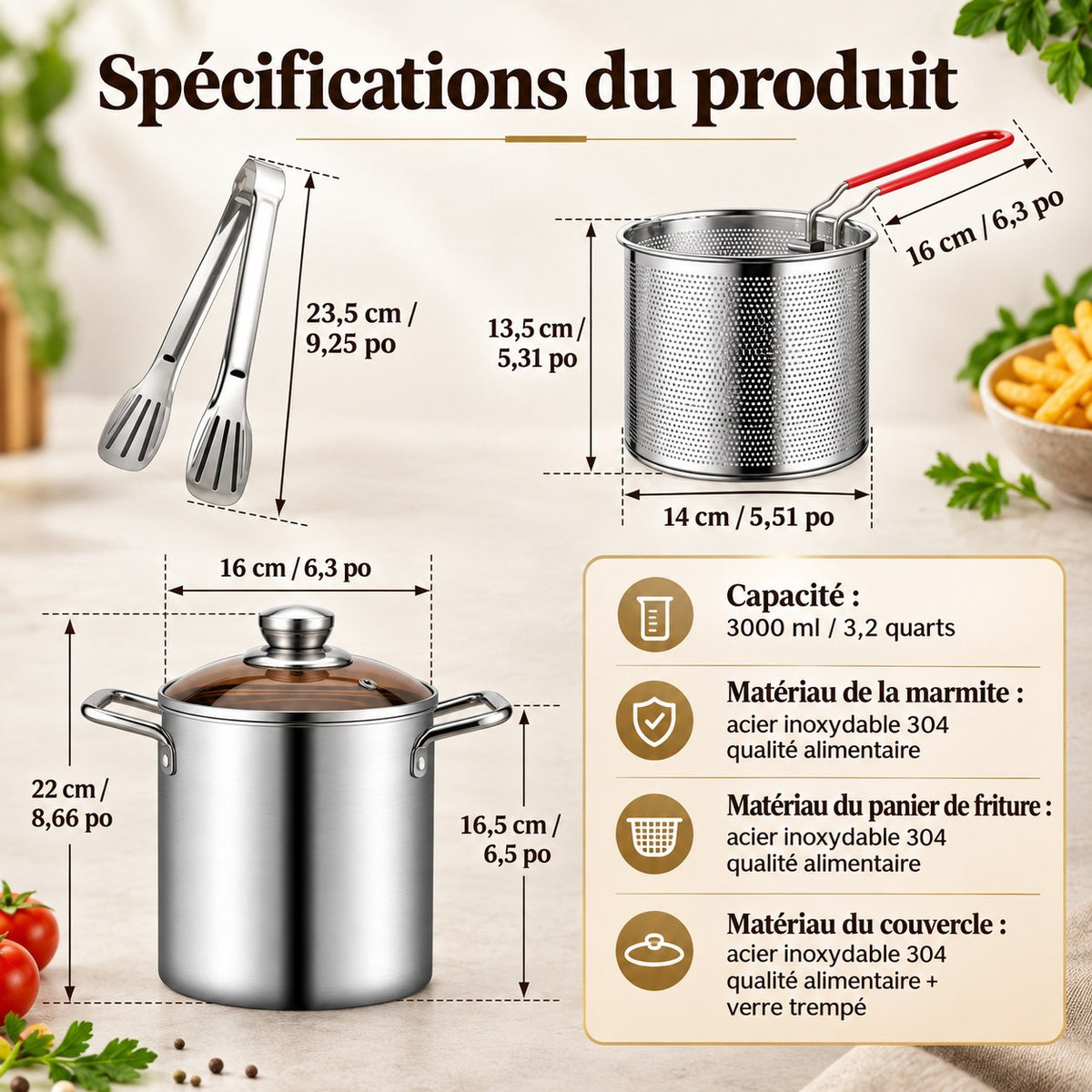 Friteuse inox 304 3 L avec panier et couvercle en verre – vue 6
