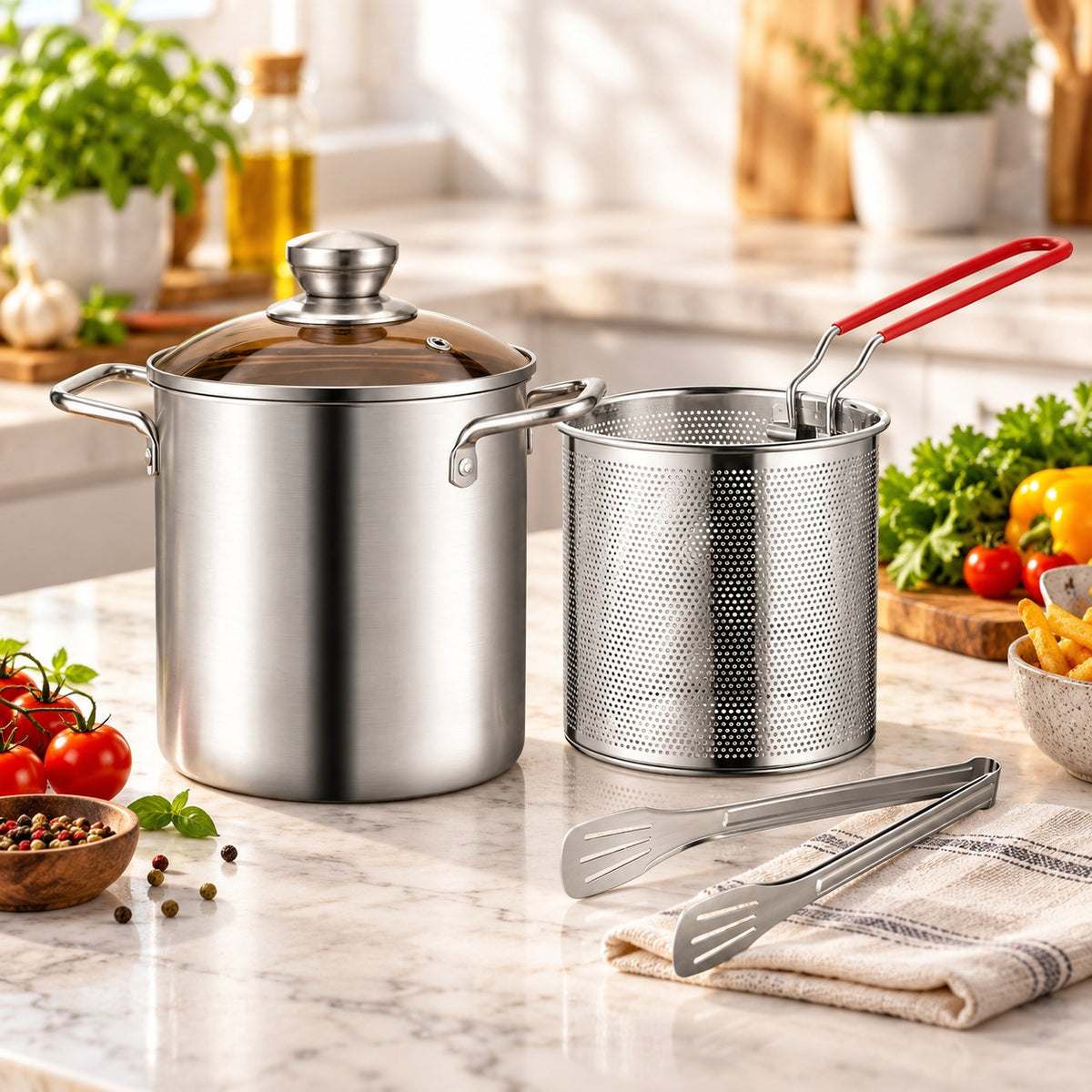 Friteuse inox 304 3 L avec panier et couvercle en verre – set 3 pièces