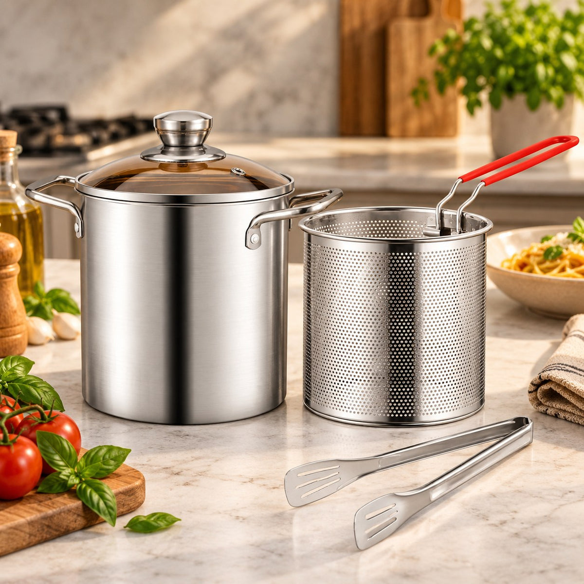 Friteuse inox 304 3 L avec panier et couvercle en verre – set 2 pièces