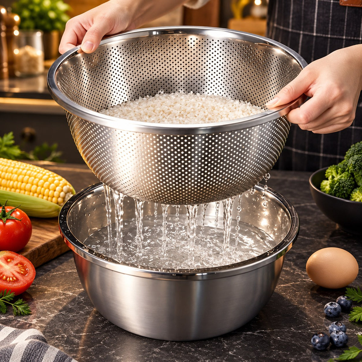 Set passoire et bol inox lave-riz