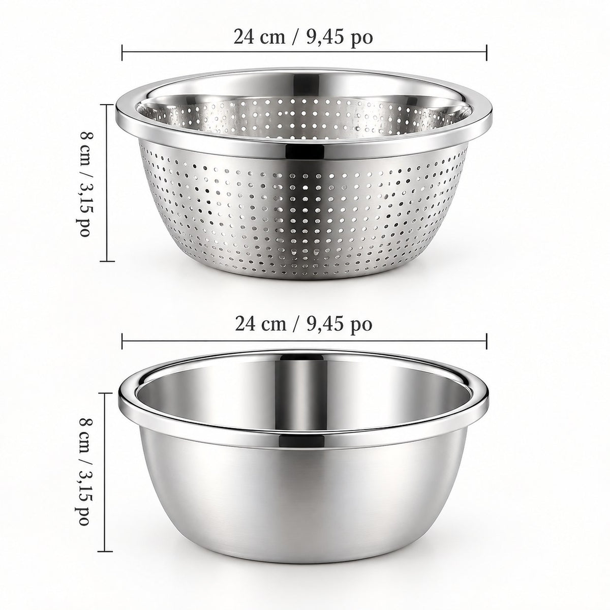 Set passoire et bol inox lave-riz – dimensions