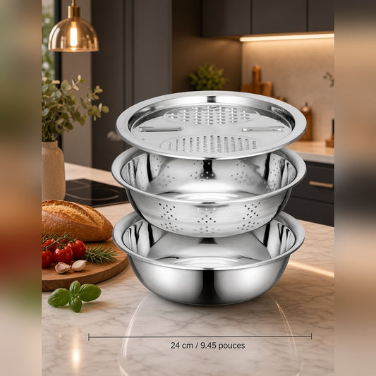 Set 3 en 1 inox râpe, trancheuse et panier égouttoir