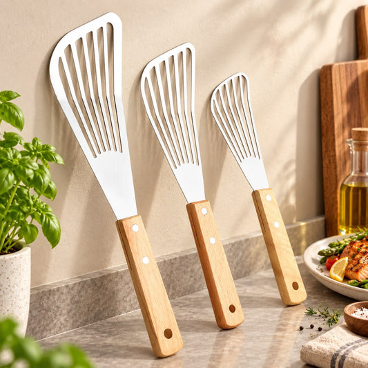 Spatule ajourée inox manche bois