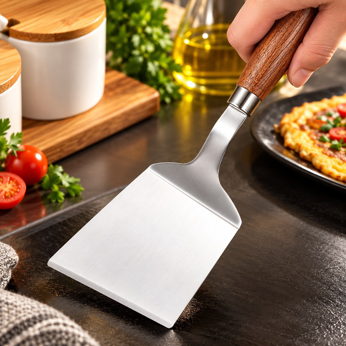 Spatule plancha inox manche bois – modèle C
