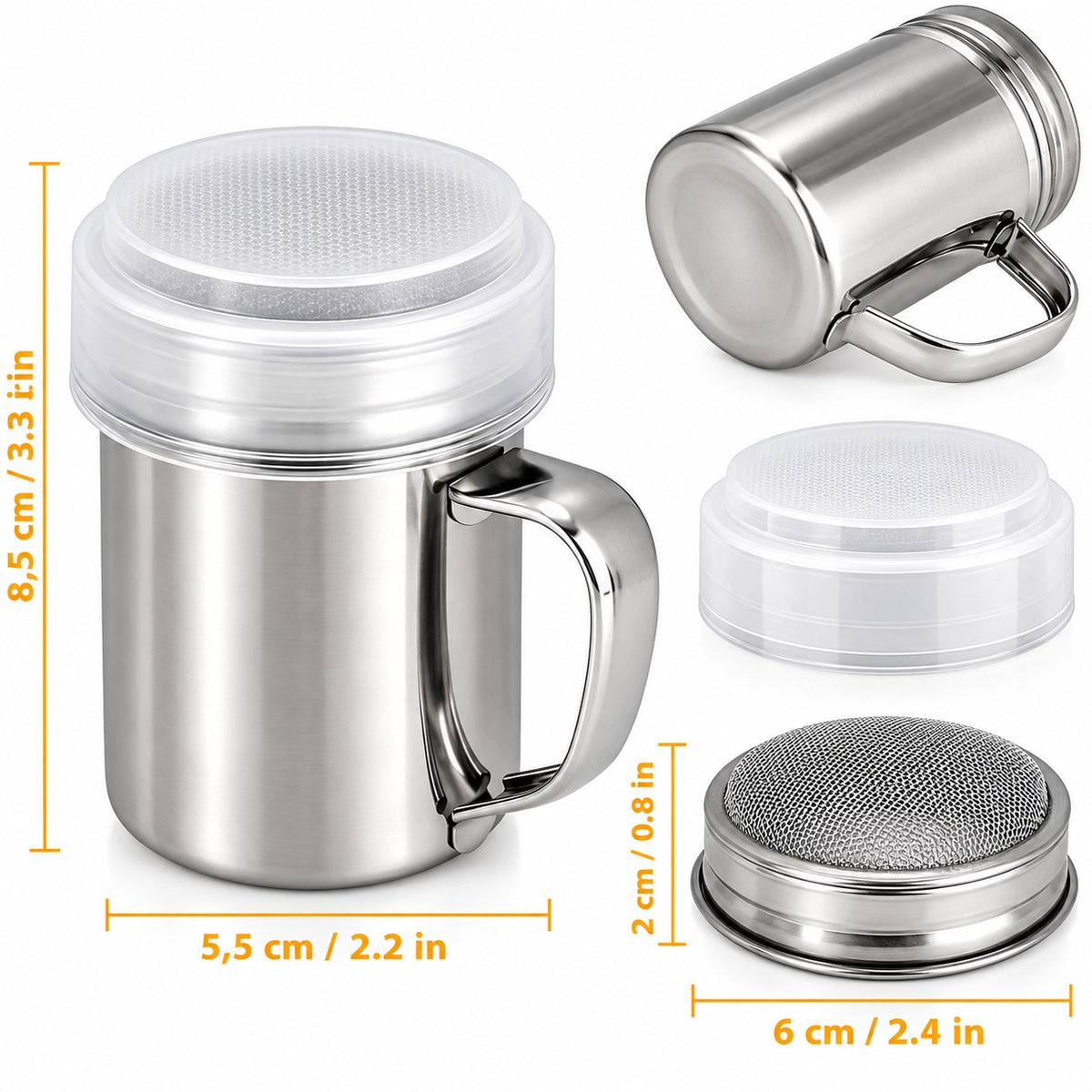 Lot de 2 saupoudreuses inox à poignée – dimensions
