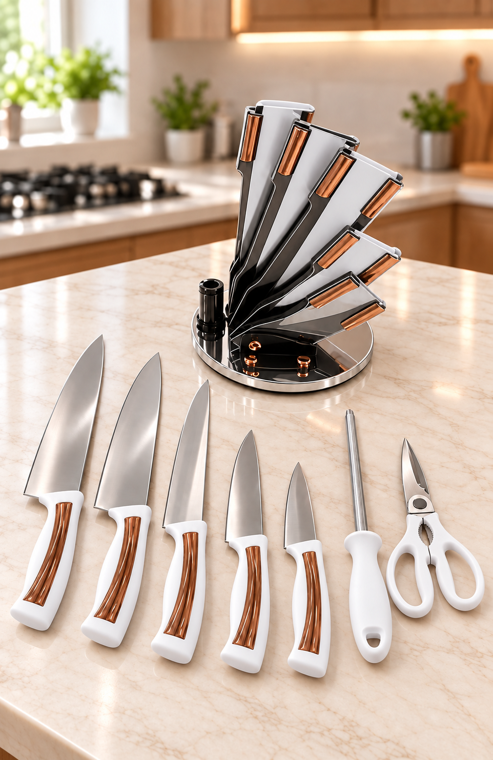 Set de Couteaux de Cuisine sur Support Rotatif – Couteaux & Ciseaux, 4 Coloris