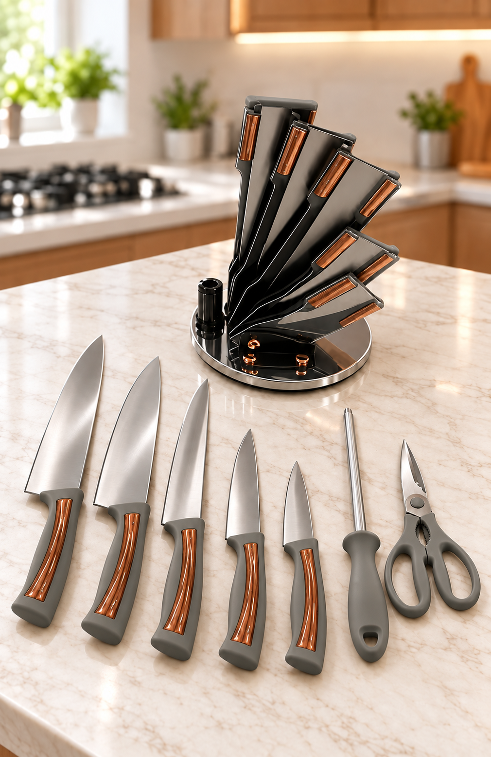 Set de Couteaux de Cuisine sur Support Rotatif – Couteaux & Ciseaux, 4 Coloris