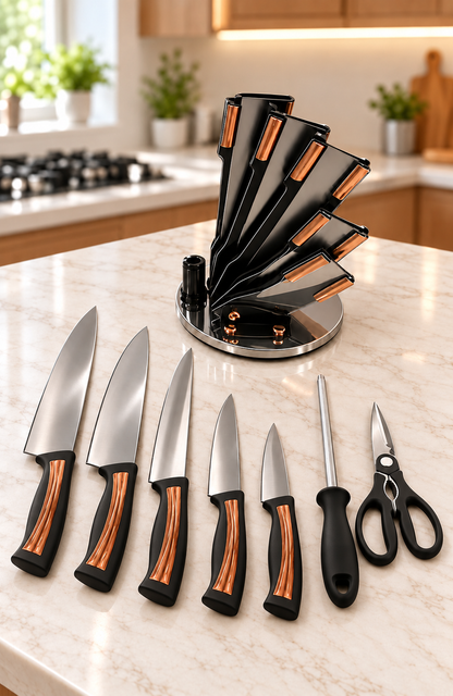 Set de Couteaux de Cuisine sur Support Rotatif – Couteaux & Ciseaux, 4 Coloris